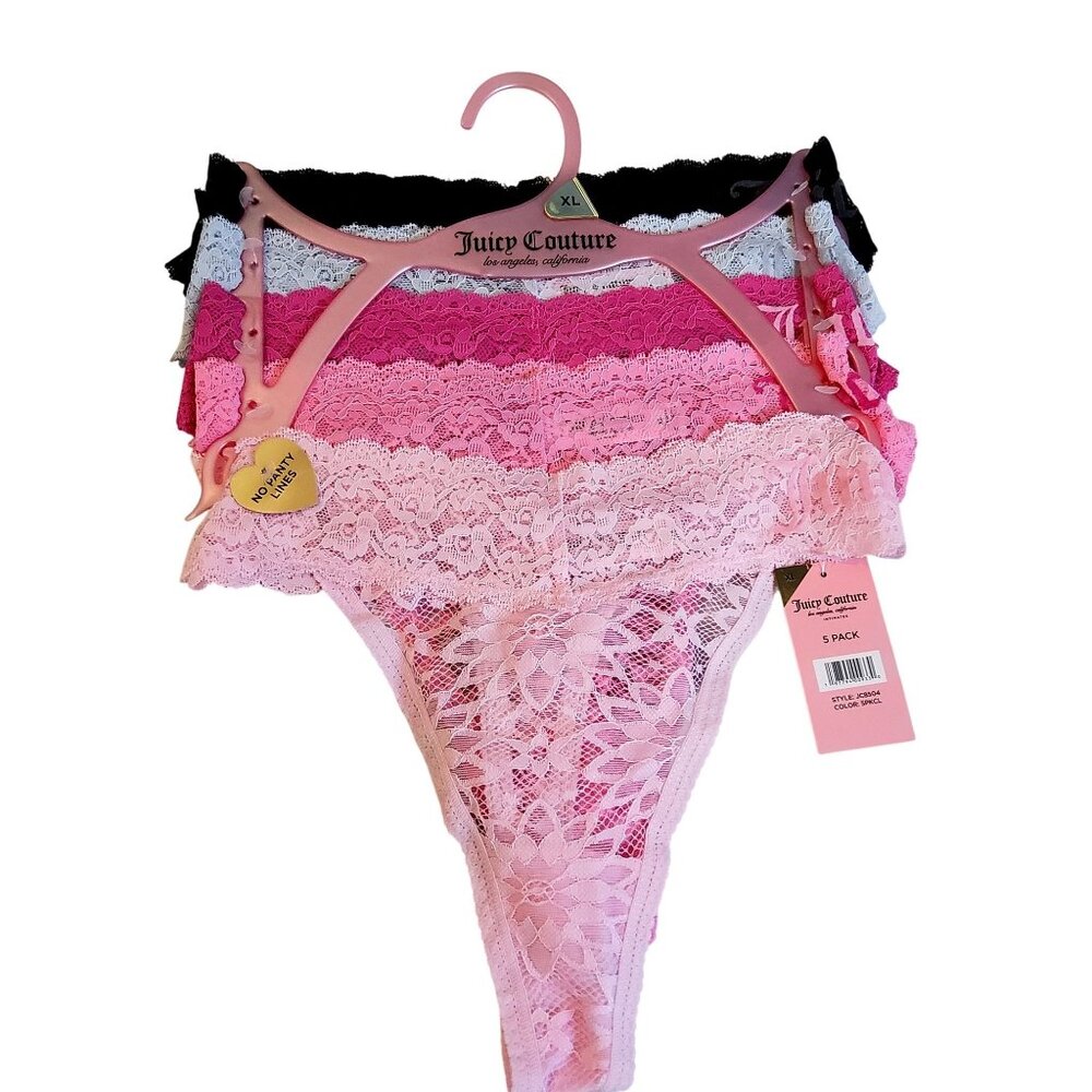 Juicy Couture XL LaceThong Panties 5-Pack No Panty Lines Pink/BlackDelicate lace